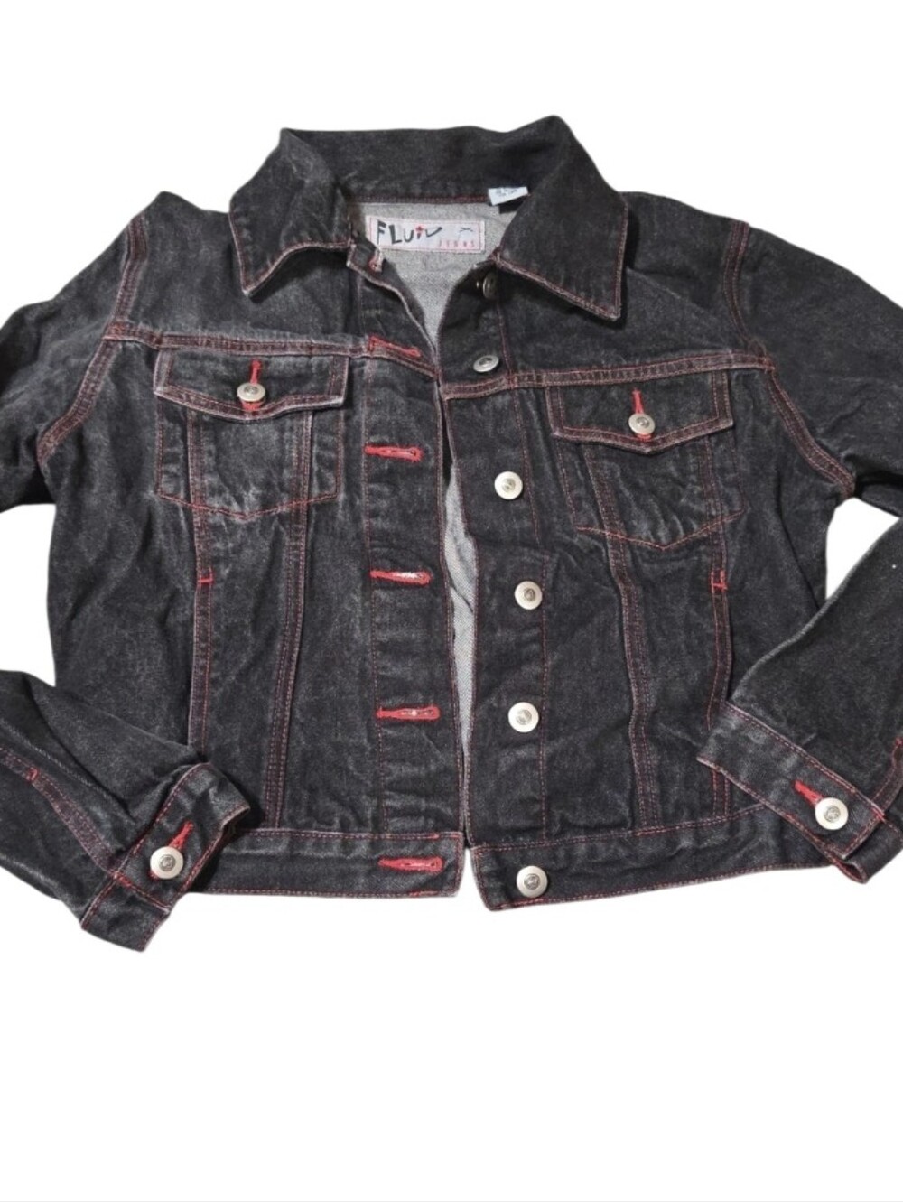 100% Cotton Vtg Black Denim Jacket with Red Stitching Jrs Lg